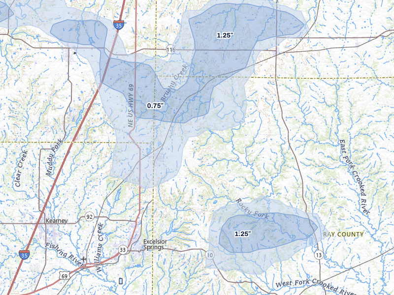 NEXRAD radar-signature map of the hail storm over Lawson, MO on Jul 3, 2026