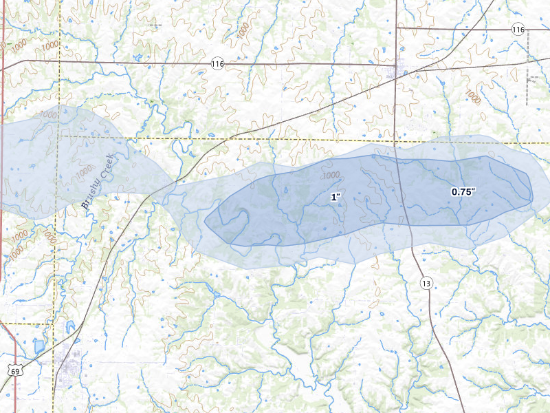 NEXRAD radar-signature map of the hail storm over Lawson, MO on Aug 8, 2026