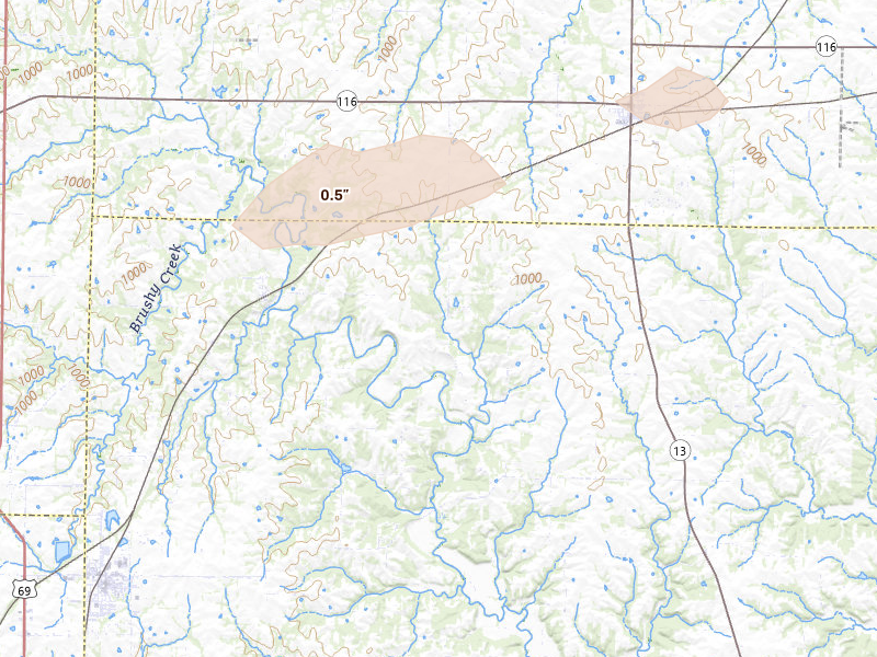 Radar-estimated hail-size map of the storm over Lawson, MO on Aug 14, 2026
