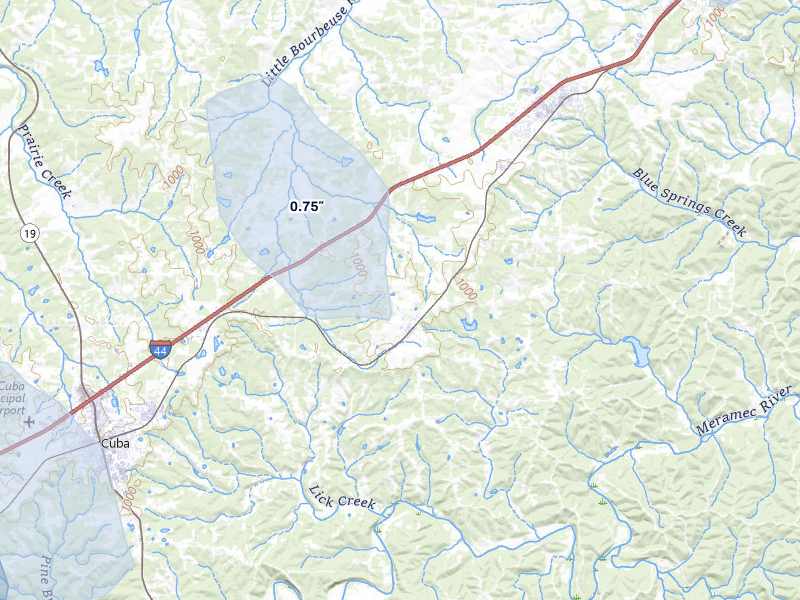 NEXRAD radar-signature map of the hail over Leasburg, MO