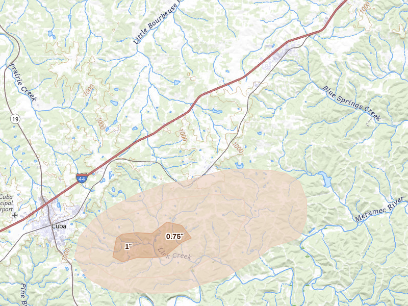 Radar-estimated hail-size map of the storm over Leasburg, MO