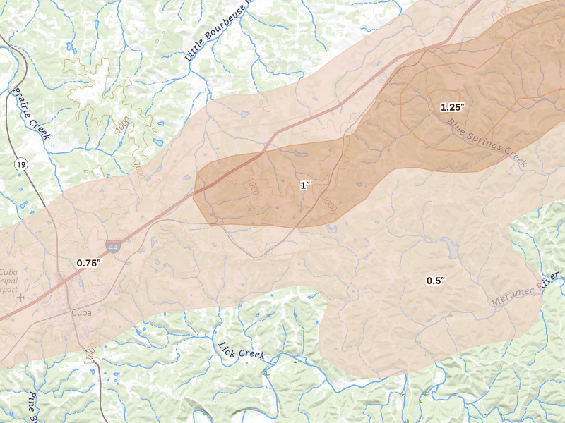 Radar-estimated hail-size map of the storm over Leasburg, MO on Apr 27, 2026