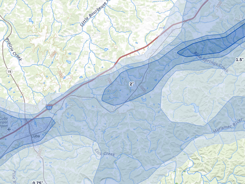 NEXRAD radar-signature map of the hail over Leasburg, MO