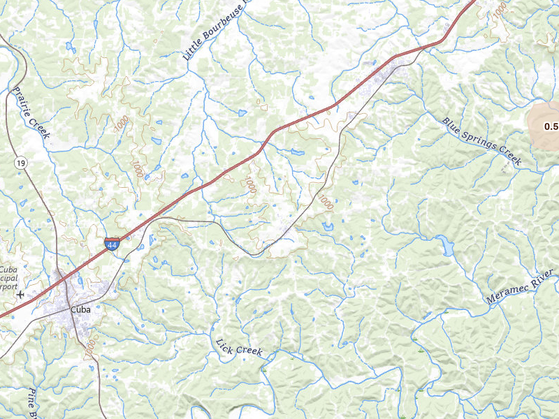 Radar-estimated hail-size map of the storm over Leasburg, MO on Jul 4, 2026