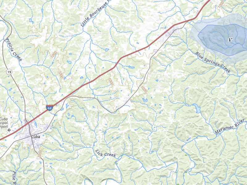 NEXRAD radar-signature map of the hail over Leasburg, MO