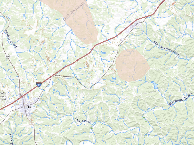 Radar-estimated hail-size map of the storm over Leasburg, MO on Jul 9, 2026
