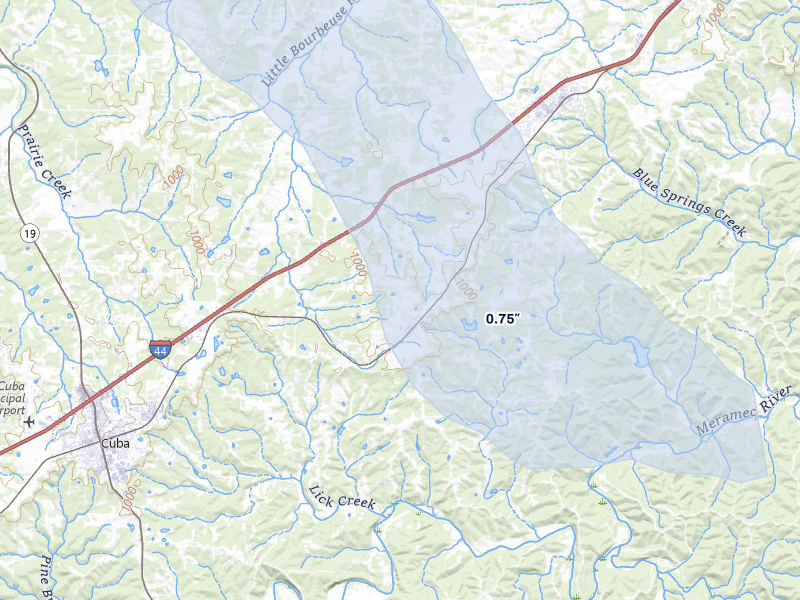 NEXRAD radar-signature map of the hail storm over Leasburg, MO on Jul 9, 2026