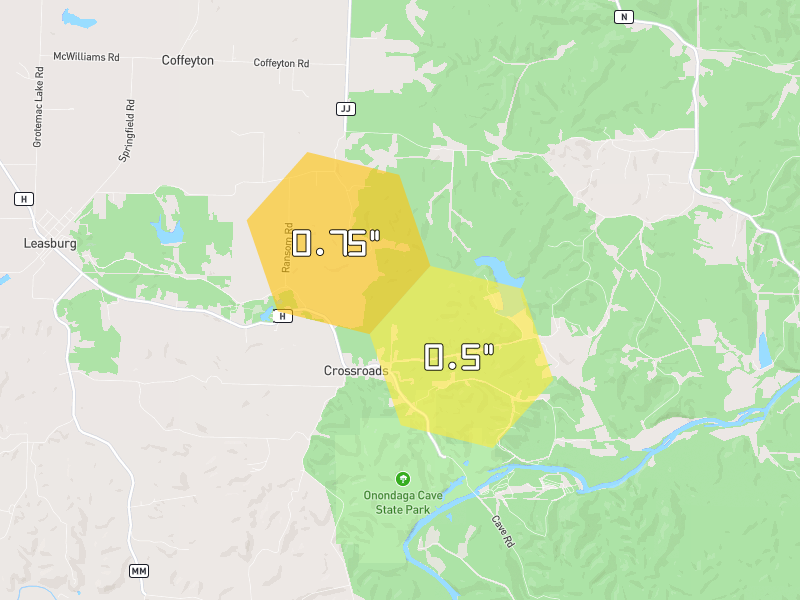 Hail map of Leasburg, MO on Jul 10, 2026, hail up to 0.75"