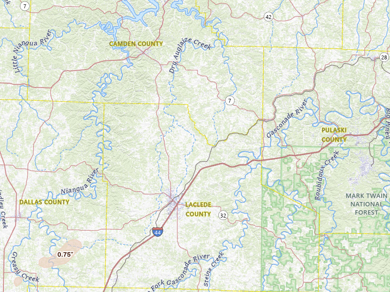 Radar-estimated hail-size map of the storm over Lebanon, MO on Apr 1, 2026