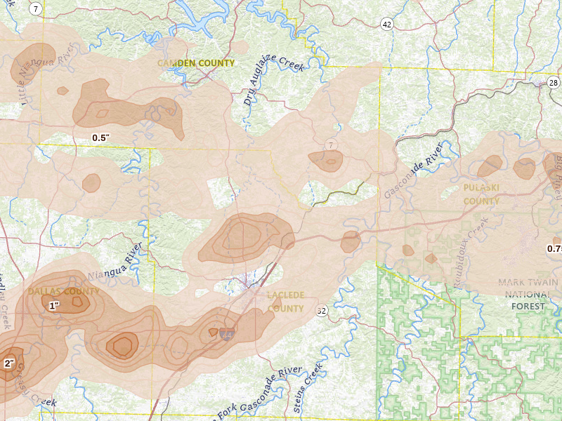 Radar-estimated hail-size map of the storm over Lebanon, MO on Apr 26, 2026