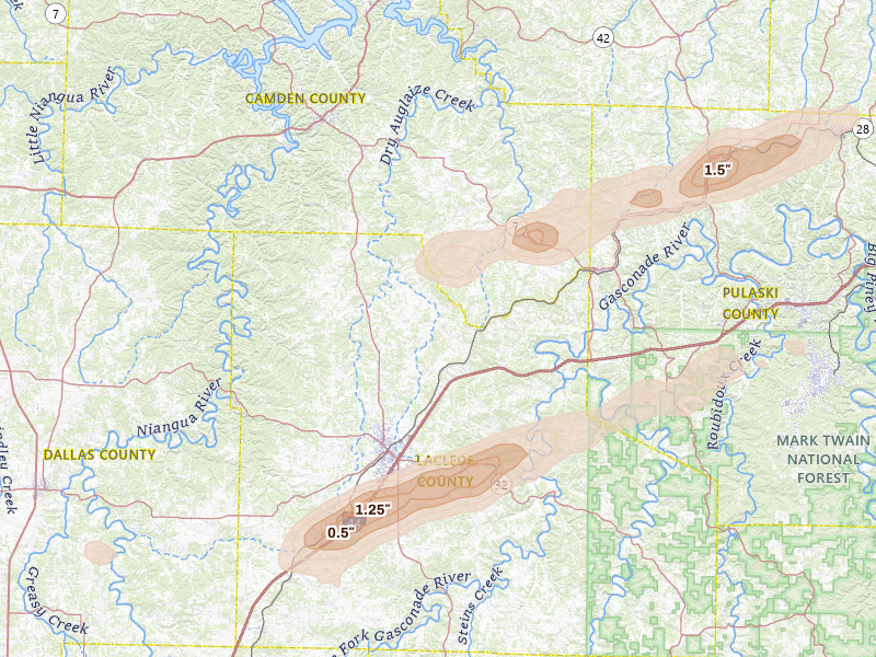 Radar-estimated hail-size map of the storm over Lebanon, MO on Apr 27, 2026