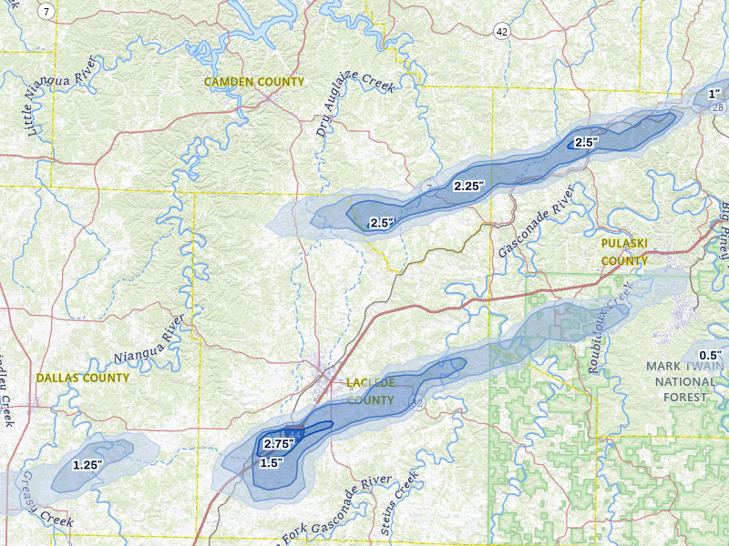 NEXRAD radar-signature map of the hail over Lebanon, MO