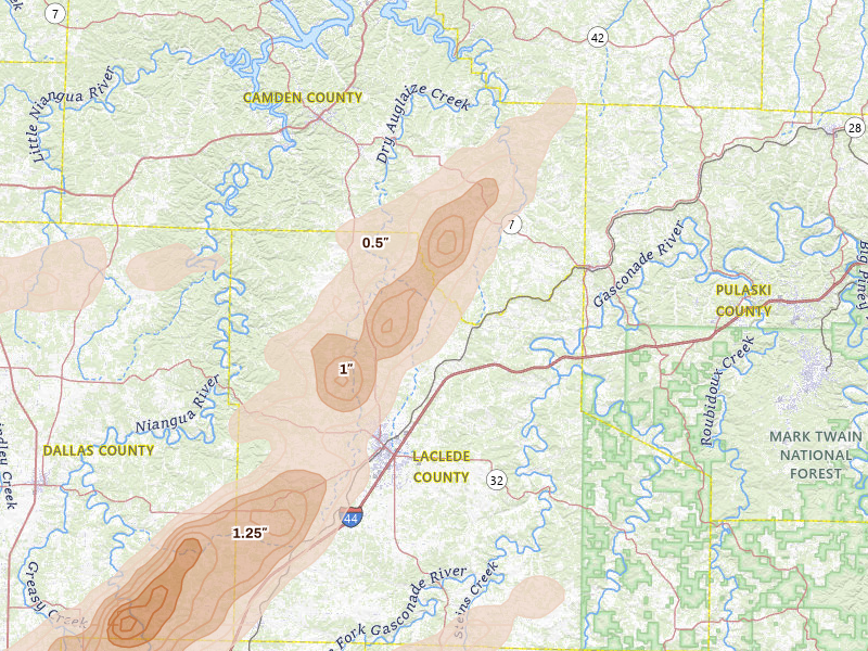 Radar-estimated hail-size map of the storm over Lebanon, MO on Apr 28, 2026