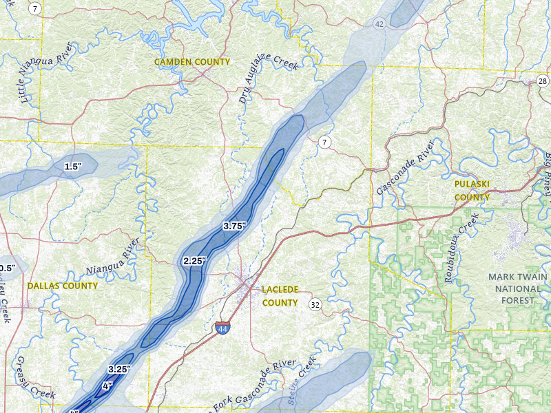NEXRAD radar-signature map of the hail storm over Lebanon, MO on Apr 28, 2026