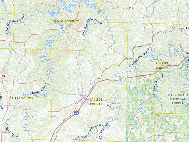 Radar-estimated hail-size map of the storm over Lebanon, MO on May 18, 2026