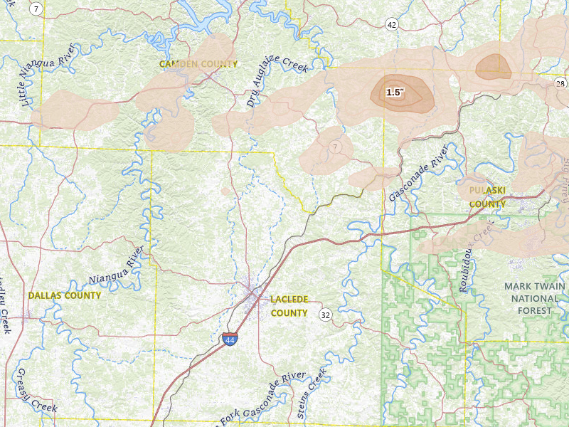 Radar-estimated hail-size map of the storm over Lebanon, MO on May 31, 2026