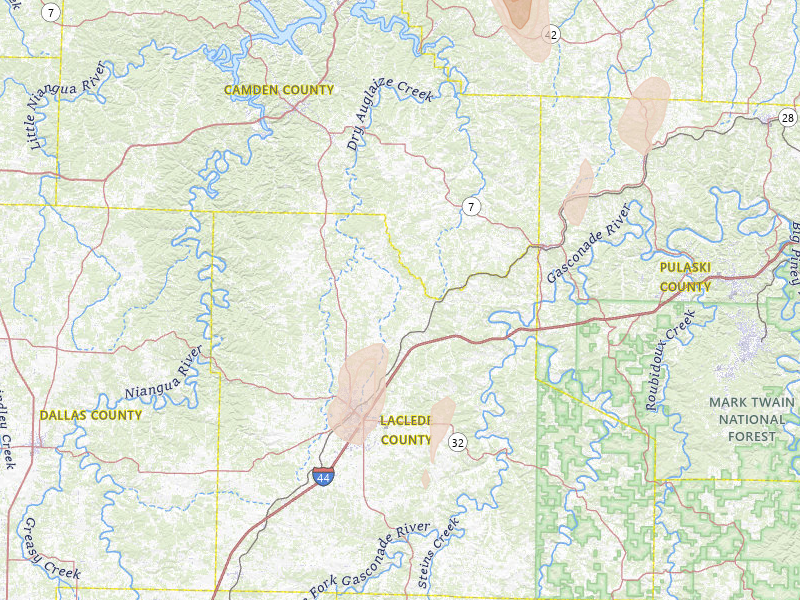 Radar-estimated hail-size map of the storm over Lebanon, MO on Jul 2, 2026