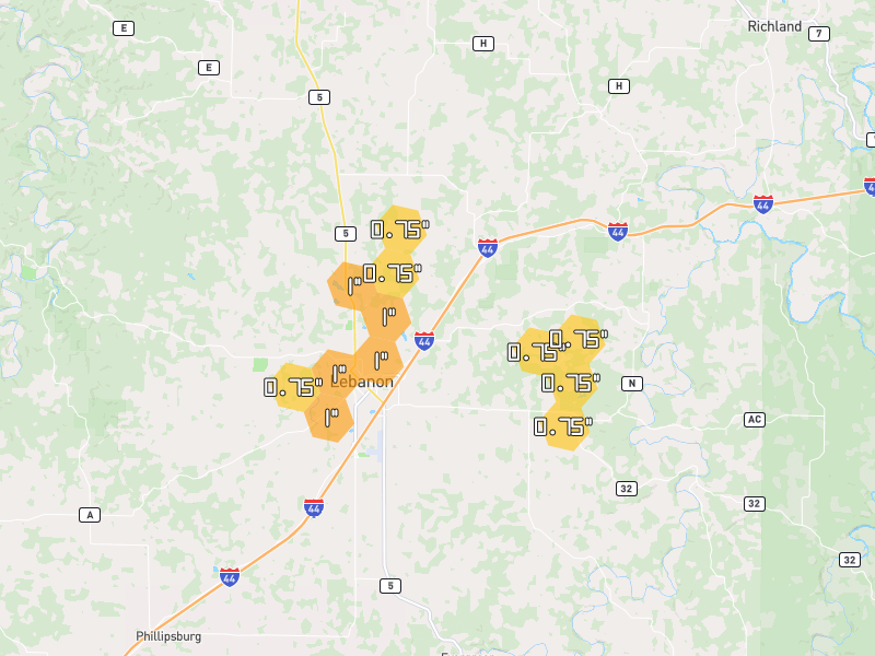 Hail map of Lebanon, MO on Jul 2, 2026, hail up to 1"