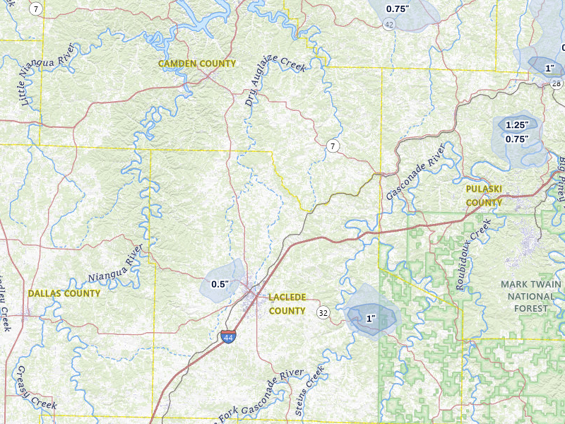NEXRAD radar-signature map of the hail storm over Lebanon, MO on Jul 9, 2026