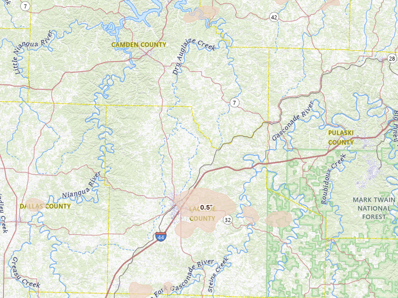 Radar-estimated hail-size map of the storm over Lebanon, MO on Jul 10, 2026