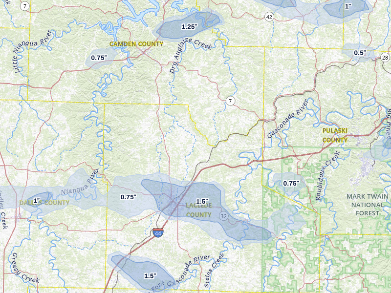 NEXRAD radar-signature map of the hail storm over Lebanon, MO on Jul 10, 2026