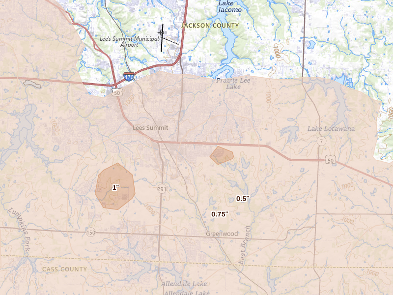Radar-estimated hail-size map of the storm over Lees Summit, MO on Apr 26, 2026