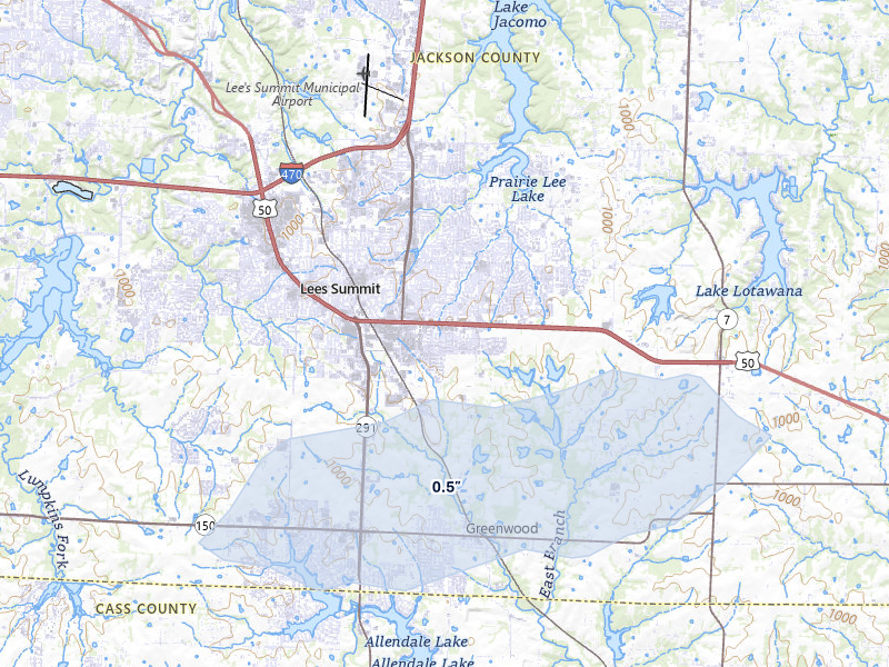 NEXRAD radar-signature map of the hail storm over Lees Summit, MO on May 15, 2026