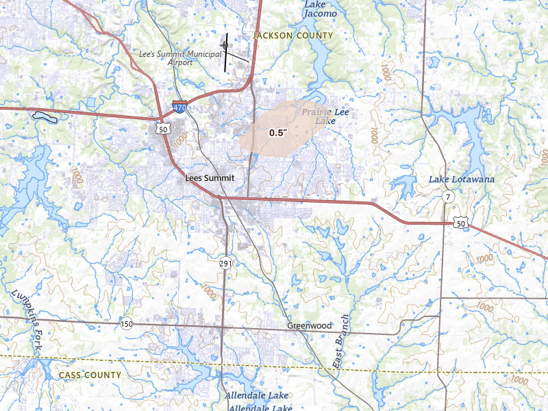 Radar-estimated hail-size map of the storm over Lees Summit, MO on May 31, 2026