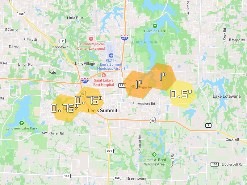 Hail map of Lees Summit, MO on Jun 1, 2026, hail up to 1"