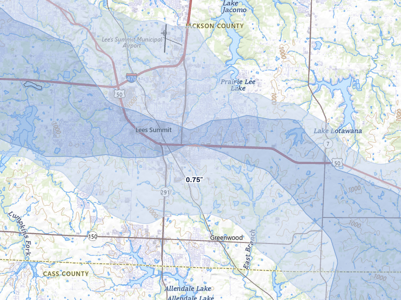 NEXRAD radar-signature map of the hail storm over Lees Summit, MO on Jul 8, 2026