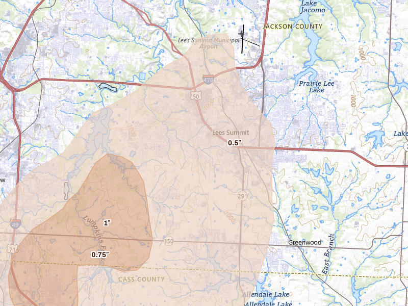 Radar-estimated hail-size map of the storm over Lees Summit, MO on Aug 5, 2026