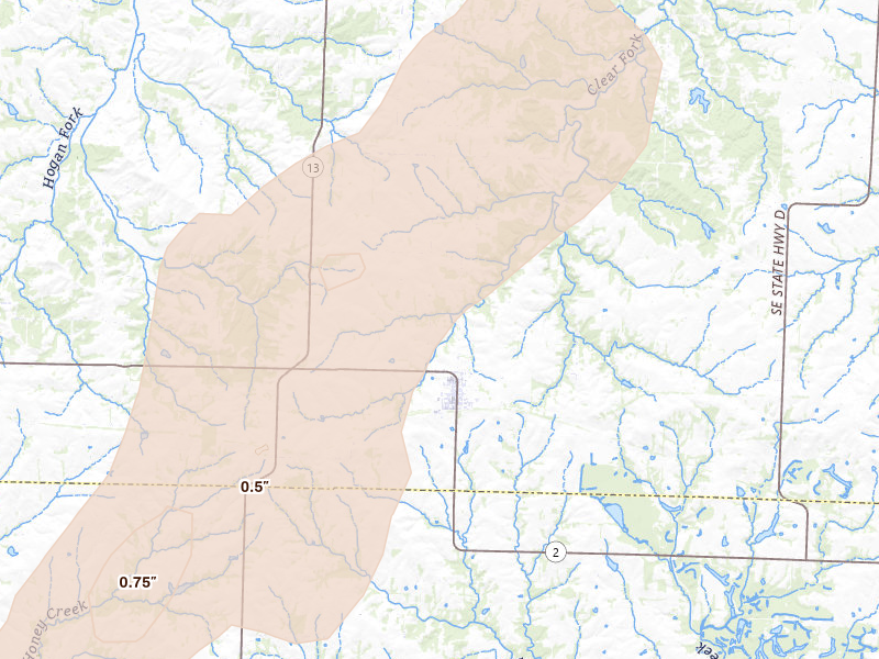 Radar-estimated hail-size map of the storm over Leeton, MO on Apr 26, 2026