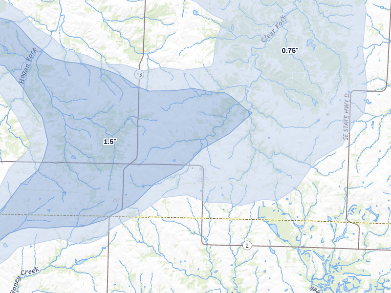 NEXRAD radar-signature map of the hail over Leeton, MO
