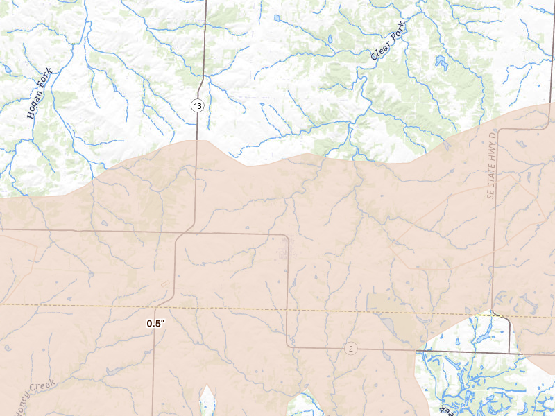 Radar-estimated hail-size map of the storm over Leeton, MO on Apr 27, 2026