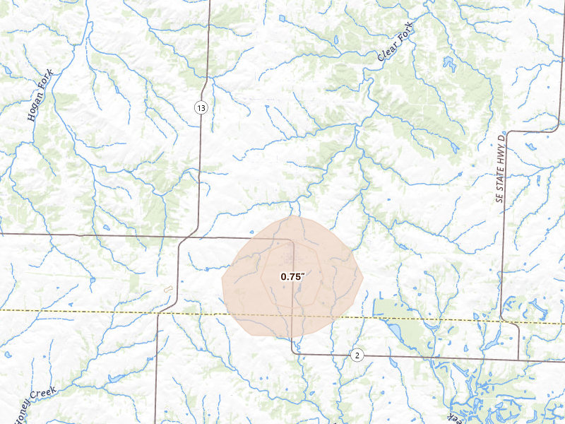 Radar-estimated hail-size map of the storm over Leeton, MO on Jul 4, 2026