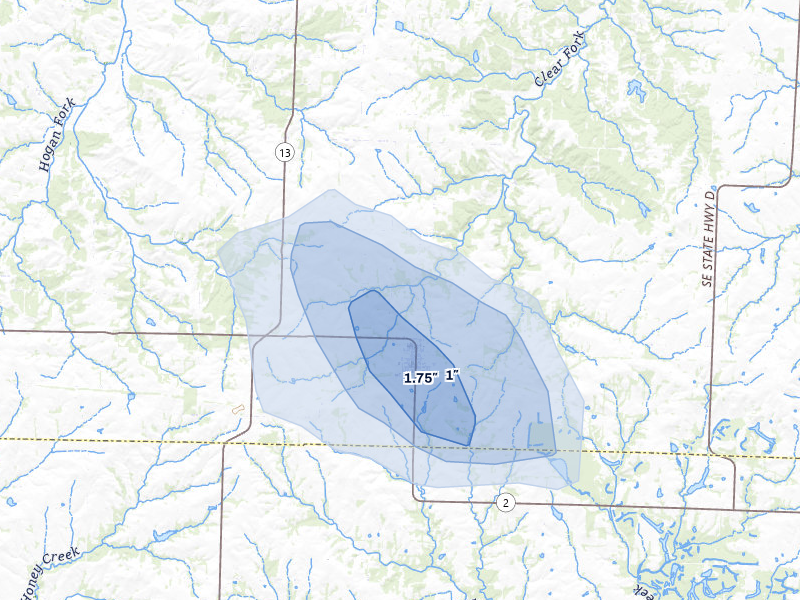 NEXRAD radar-signature map of the hail over Leeton, MO