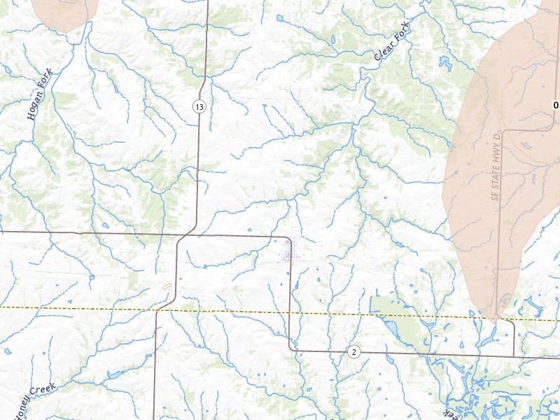 Radar-estimated hail-size map of the storm over Leeton, MO on Jul 8, 2026