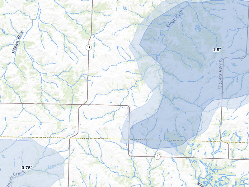 NEXRAD radar-signature map of the hail storm over Leeton, MO on Jul 8, 2026