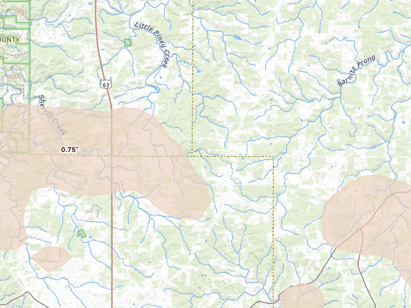 Radar-estimated hail-size map of the storm over Lenox, MO on Jul 31, 2026