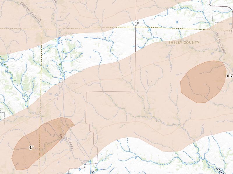 Radar-estimated hail-size map of the storm over Leonard, MO on Mar 10, 2026