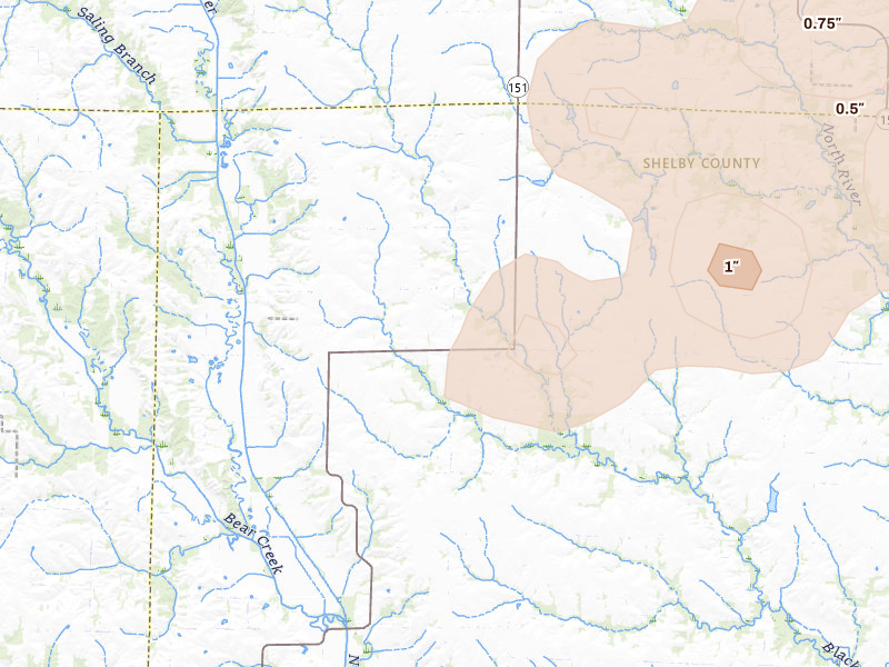 Radar-estimated hail-size map of the storm over Leonard, MO on Apr 13, 2026