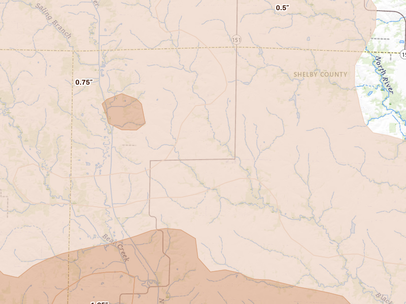 Radar-estimated hail-size map of the storm over Leonard, MO on Jun 11, 2026