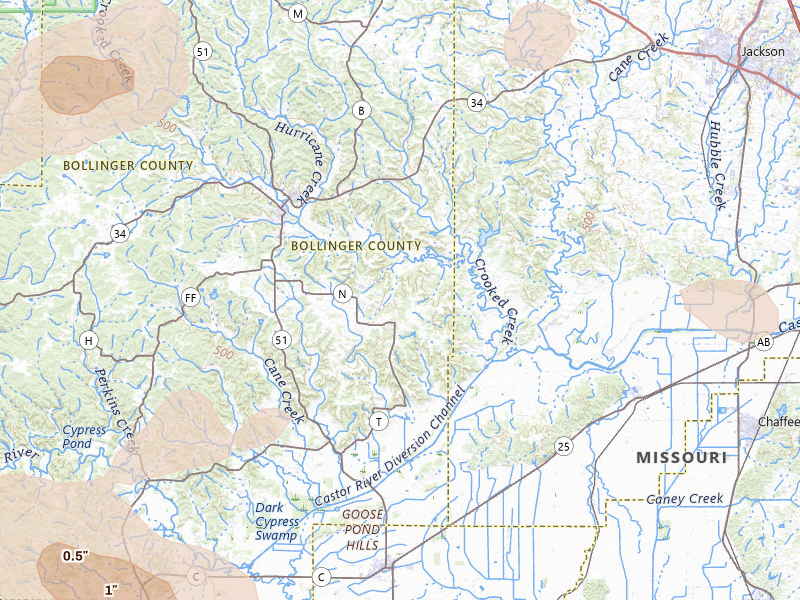 Radar-estimated hail-size map of the storm over Leopold, MO on Jul 9, 2026