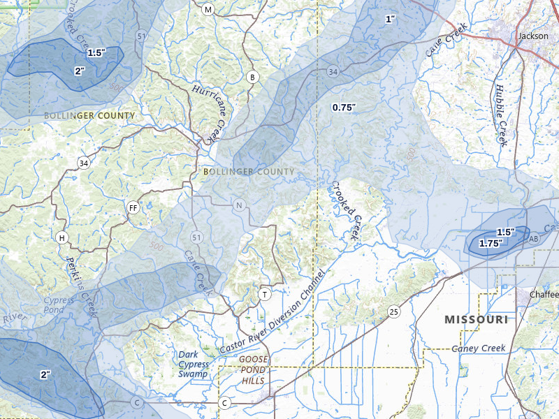 NEXRAD radar-signature map of the hail storm over Leopold, MO on Jul 9, 2026