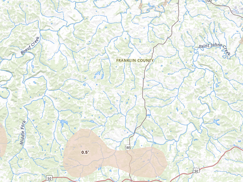 Radar-estimated hail-size map of the storm over Leslie, MO on Jul 31, 2026