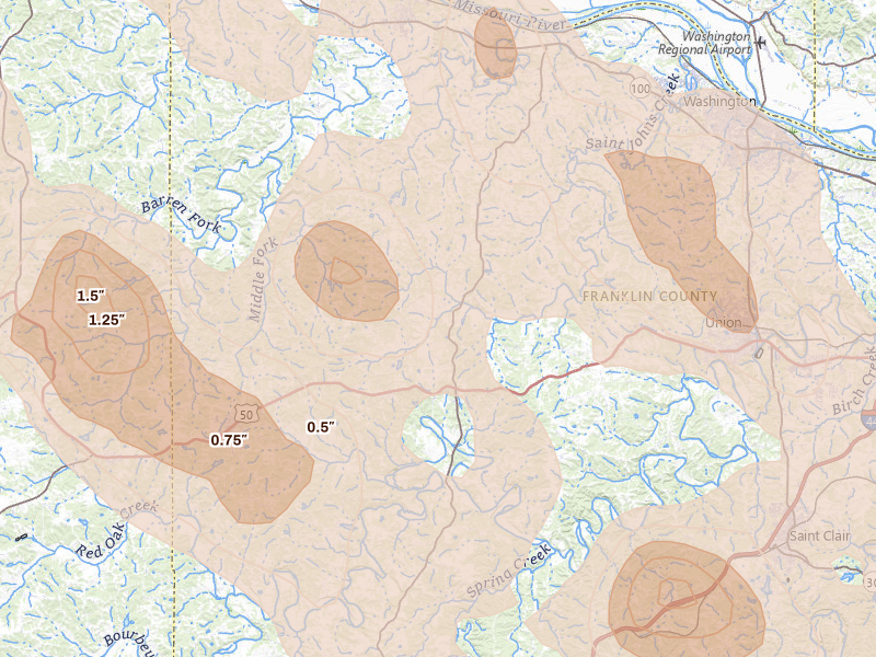 Radar-estimated hail-size map of the storm over Leslie, MO on Aug 12, 2026