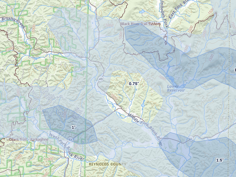 NEXRAD radar-signature map of the hail storm over Lesterville, MO on Aug 12, 2026