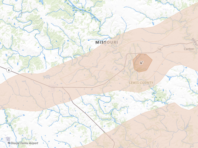 Radar-estimated hail-size map of the storm over Lewistown, MO on Mar 10, 2026