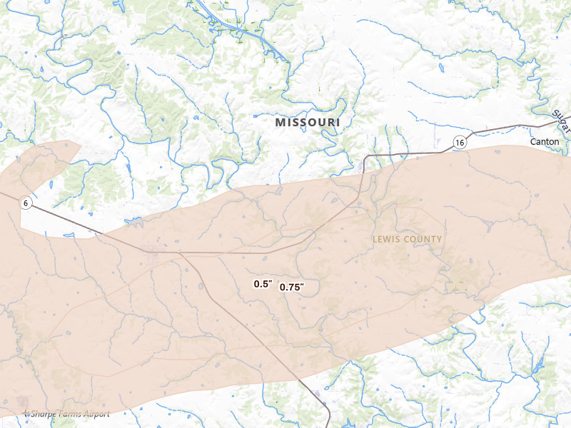 Radar-estimated hail-size map of the storm over Lewistown, MO