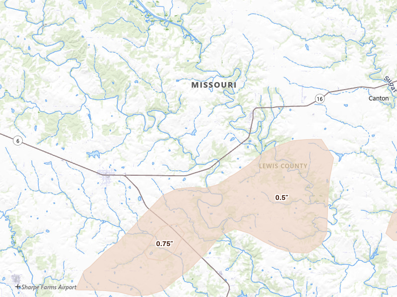 Radar-estimated hail-size map of the storm over Lewistown, MO
